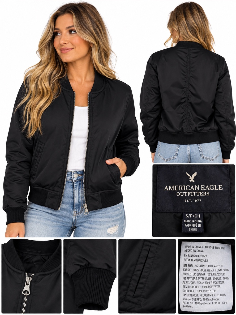 American Eagle Women’s Black Bomber Jacket Size Small Full Zip
